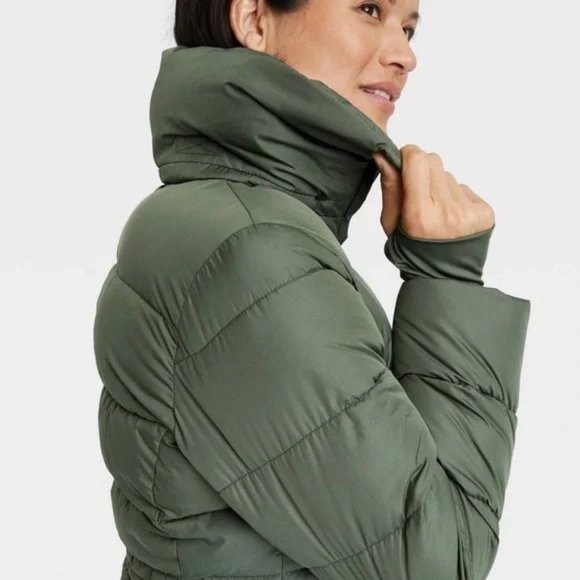 All in Motion Women’s Long Puffer Jacket w/ tuck away hoodie- olive gray - Picture 3 of 9